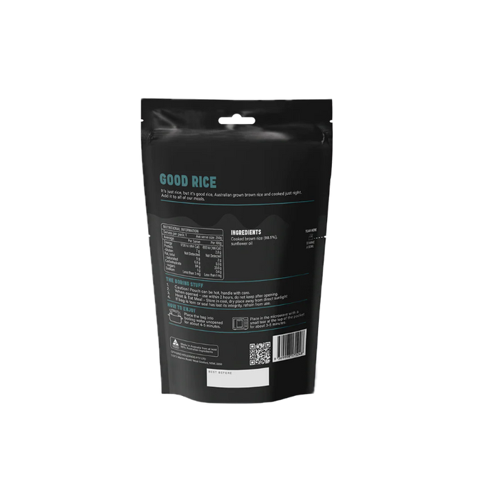 Black rice packaging with text and QR code on a white background