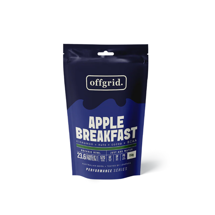 A stand-up pouch of Offgrid Apple Breakfast powder on a clean white background. The packaging is dark navy blue with a lighter blue wave design and white text.