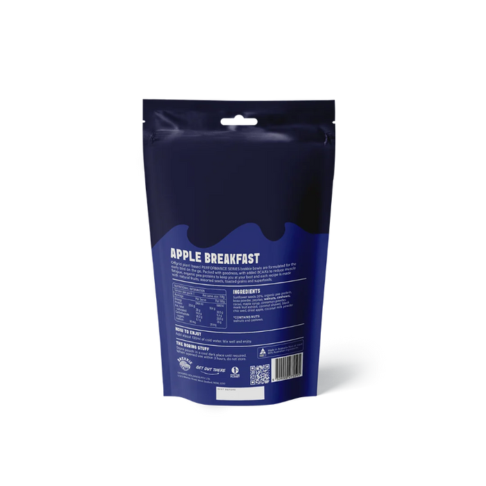 A dark navy blue stand-up pouch package for 'Apple Breakfast' by Artful Eats, shown from the back on a clean white background with a soft shadow.