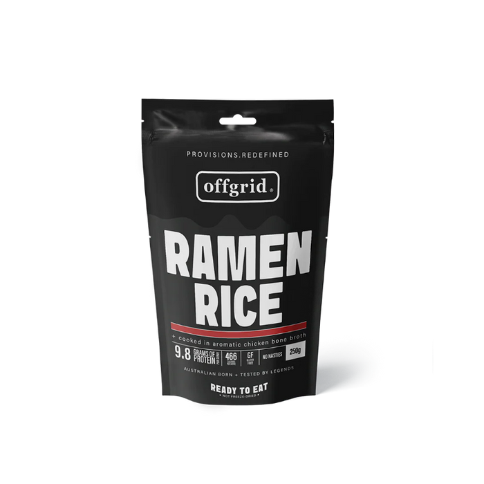 Black package of offgrid Ramen Rice on a white background