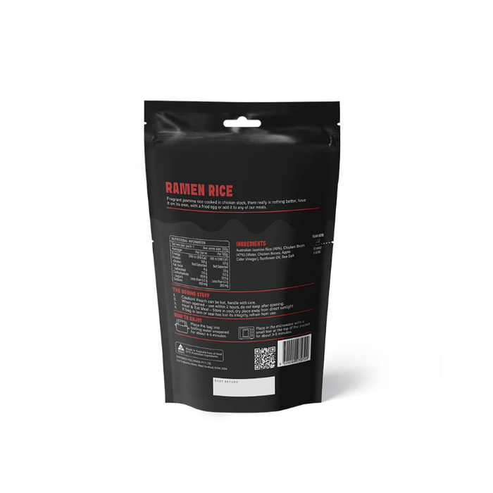 Black package of Ramen Rice with red text on a white background