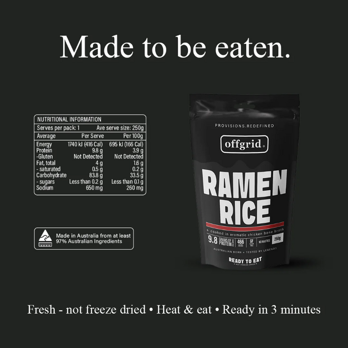 Offgrid Ramen Rice package with nutritional information on a black background