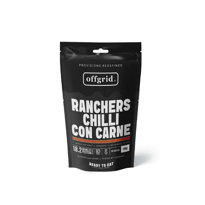 Black offgrid packaging of Ranchers Chilli Con Carne on a white background