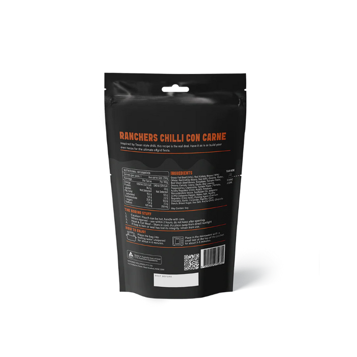 Black packaging of Ranchers Chilli Con Carne with text and ingredients list on a white background
