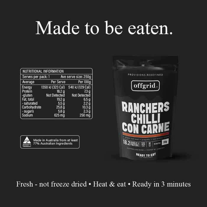 Offgrid Ranchers Chilli Con Carne package with nutritional information on a black background