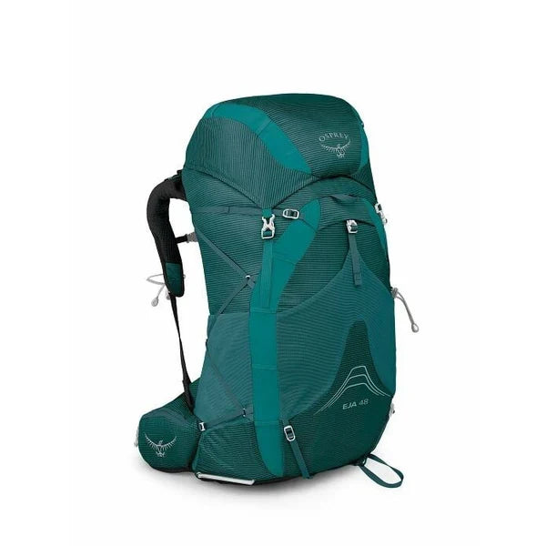 Teal Osprey Eja 48l hiking backpack with visible brand logo on a white background