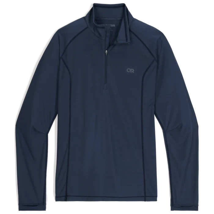 Navy long-sleeve mens hiking shirt with Outdoor Research hiking gear logo on a white background