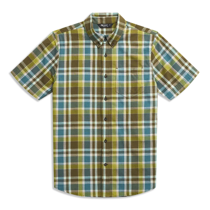 Outdoor Research Men's Rooftop Short Sleeve Shirt - Dark Olive Plaid Flat Lay 5