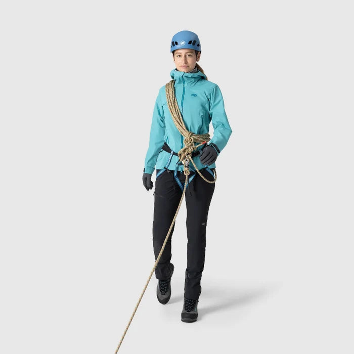 Outdoor Research Women's Skychaser Rain Jacket - Tidepool with Climbing Gear 6