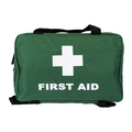 A green first aid bag with a white cross and the words 'FIRST AID' printed on the front.