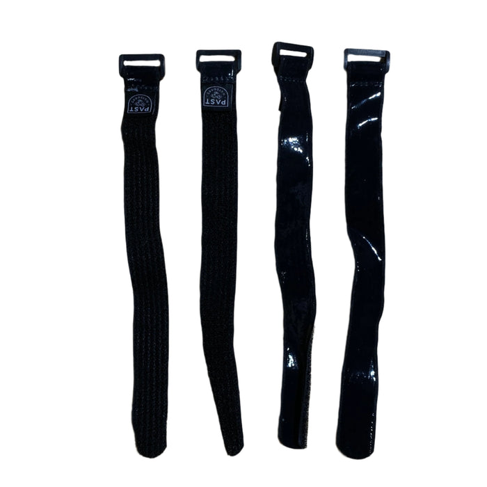 Four black straps with buckles on a white background