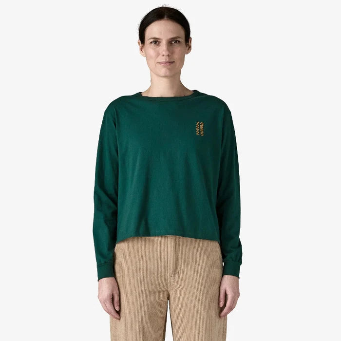 Patagonia Women's Long Sleeved Driftways Long Sleeved Organic Cotton Shirt worn by a woman in corduroy pants
