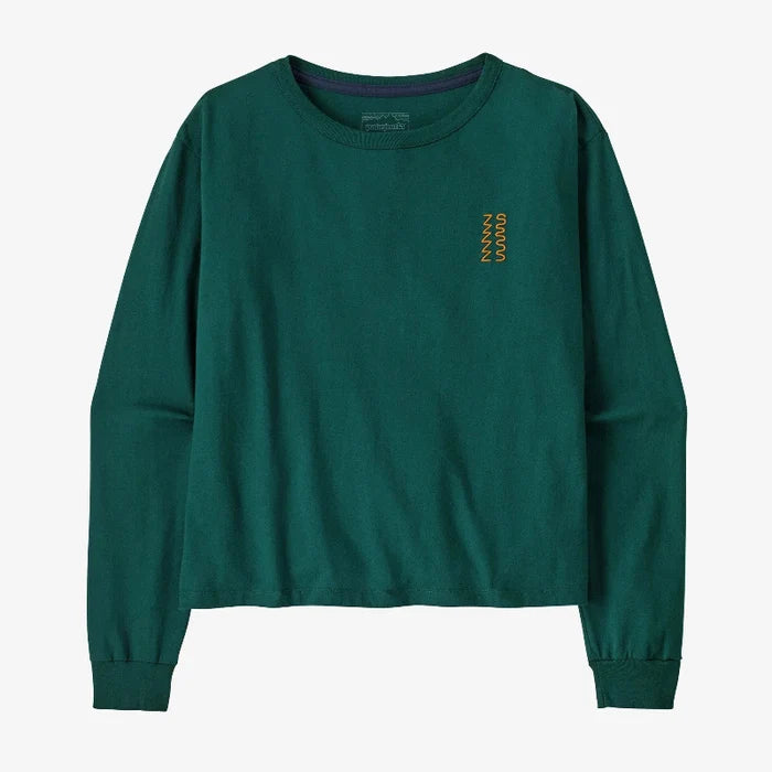 Green Patagonia Women's Long Sleeved Driftways Long Sleeved Organic Cotton Shirt with yellow graphic