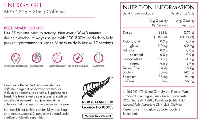 PeakFuel Berry 35g Energy Gels + 30mg caffeine - Box of 5 3