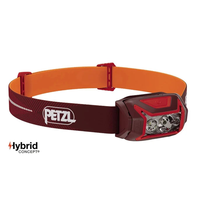 Red and orange headlamp with Petzl logo on a white background