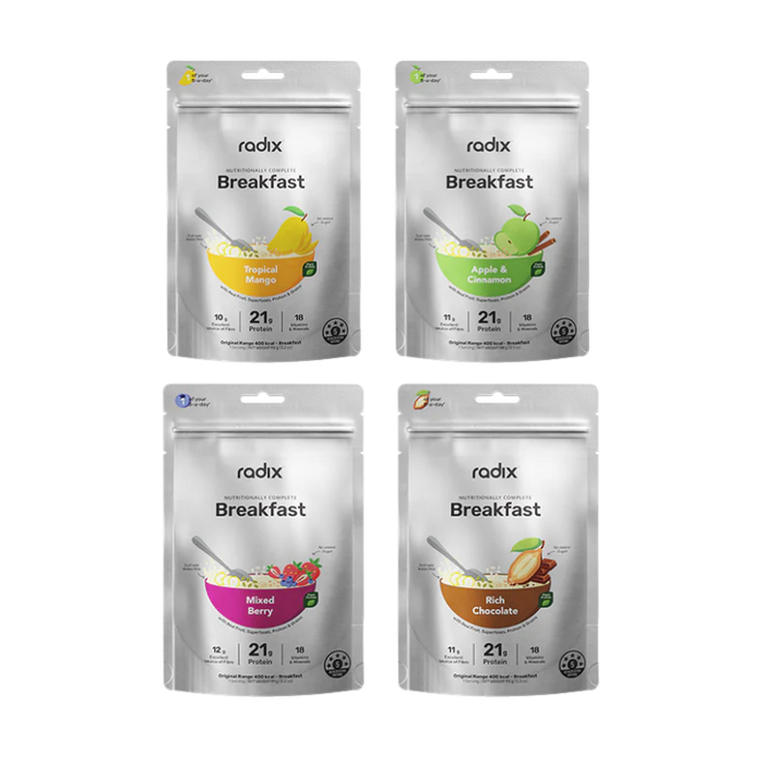 Four stand-up pouches of Rodix Breakfast protein powder arranged in a 2x2 grid on a white background. The pouches are silver with different flavor illustrations: Yellow (Mung Bean Smoothie), Green (Apple & Pear), Pink (Mixed Berry), and Brown (Rice Chocolate).