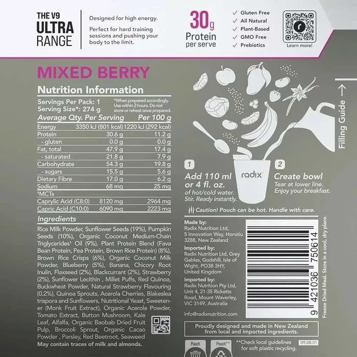 Radix Nutrition ULTRA v9 Breakfast 800 Kcal - Mixed Berry Nutrition Panel 5