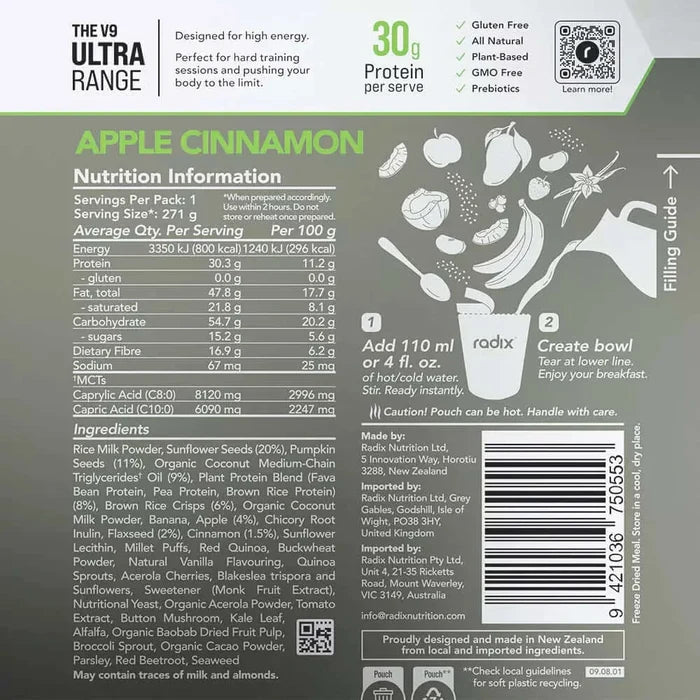 Radix Nutrition ULTRA v9 Breakfast 800 Kcal - Apple Cinnamon Nutrition Panel 7