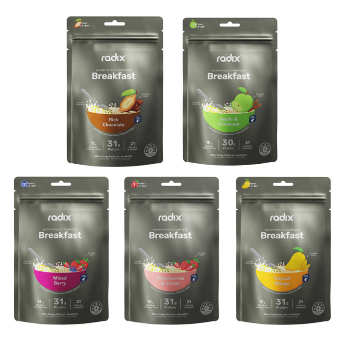 Five Radix Breakfast powder pouches arranged in two rows on a white background. The top row contains chocolate and green apple flavors, and the bottom row contains mixed berry, strawberry, and yellow fruit flavors.