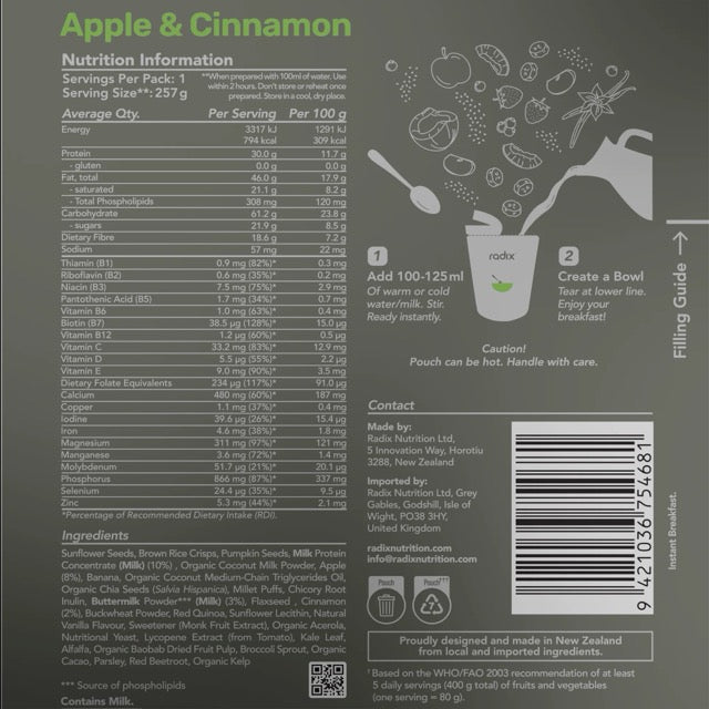 Nutrition information label for a product with 'Apple & Cinnamon' flavor on a dark background.
