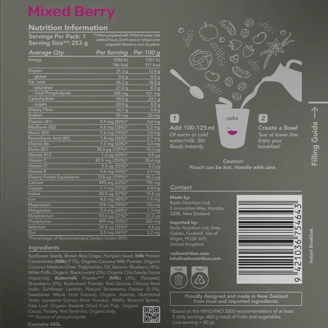Nutrition label and ingredients list for a mixed berry product on a dark background