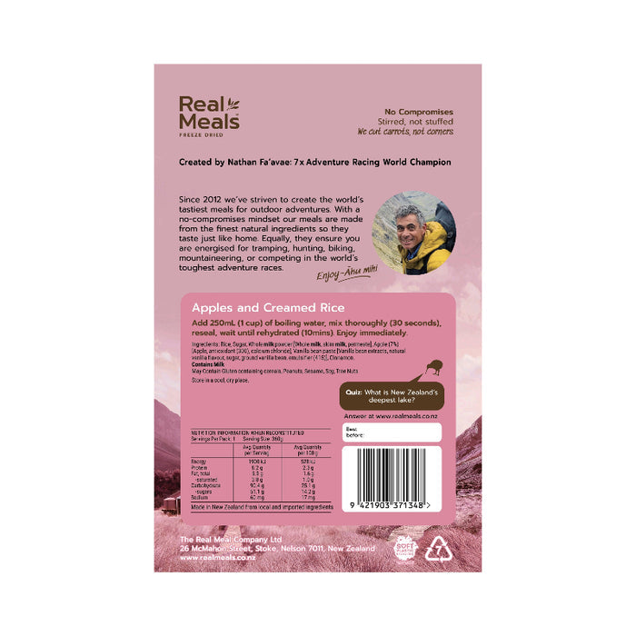 Back of a Real Meals freeze-dried meal package with pink background and text.