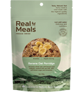 Package of Real Meals freeze-dried banana oat porridge with a scenic background