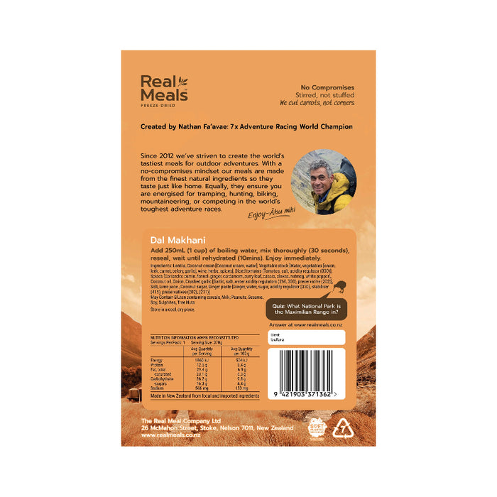 Back of a Real Meals food package with branding and text