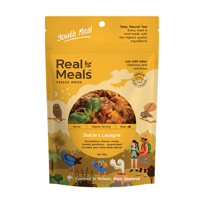 Packaged freeze-dried meal from Real Meals with a yellow background and food illustration.