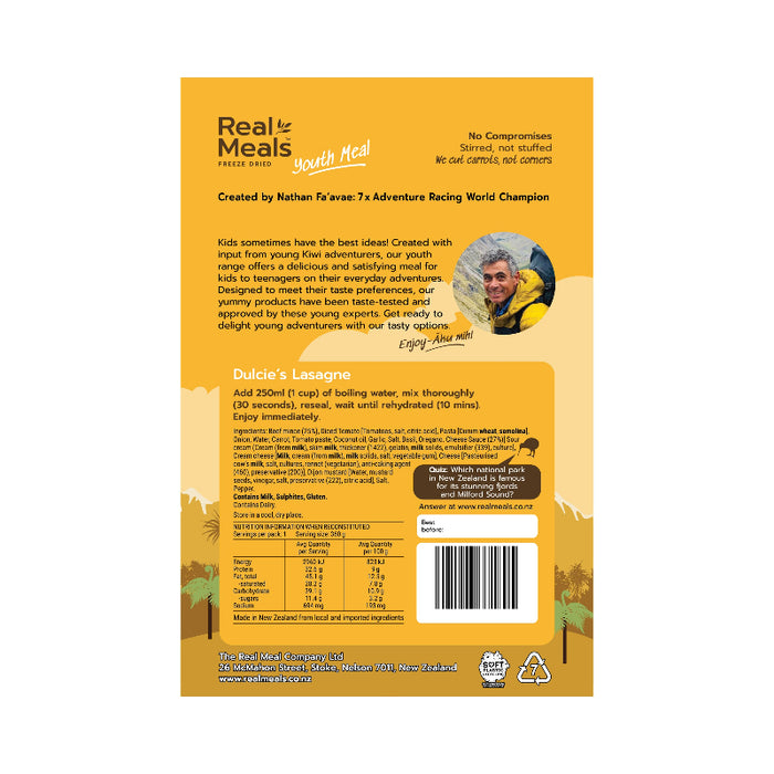 Back of a 'Real Meals' product packaging with text and branding.