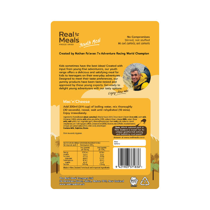 Back of a Real Meals youth meal package with text and branding.