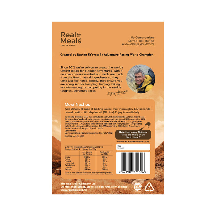 Back of a Real Meals meal package with branding and product details.