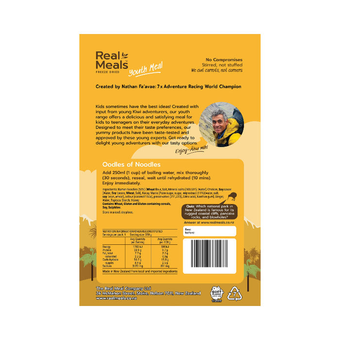 Back of a Real Meals youth meal package with branding and text.