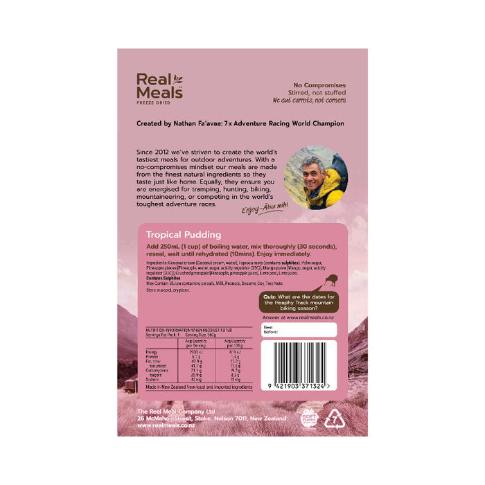 Back of a Real Meals tropical pudding package with branding and product details.