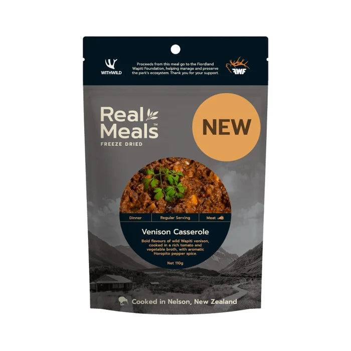 Real Meals freeze-dried Venison Casserole package with mountain background