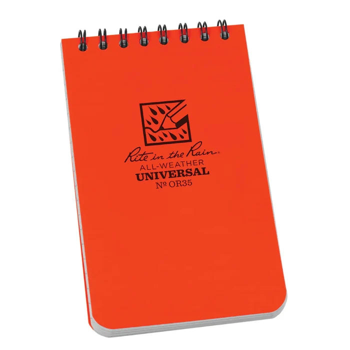 Orange notebook with 'Rite in the Rain' logo and text on a white background