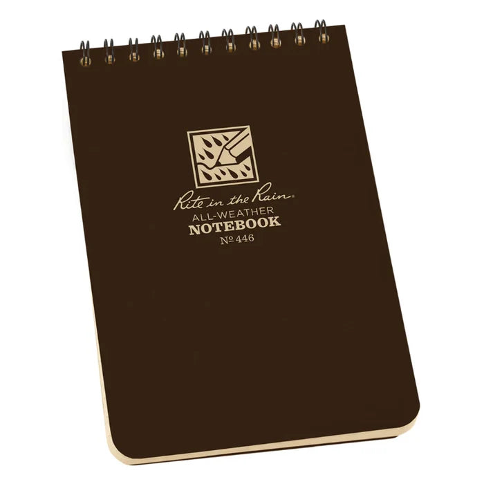 Brown notebook with 'Rite in the Rain' logo and text on a white background
