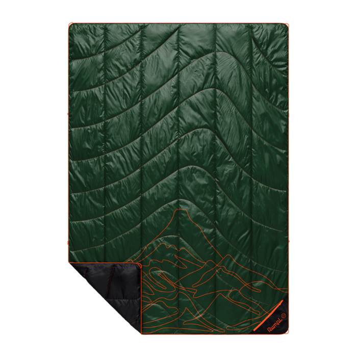 A dark green quilted camping sleeping pad with orange contour line graphics of a mountain and a black reversible underside, shown on a plain white background.