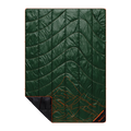 A dark green quilted camping sleeping pad with orange contour line graphics of a mountain and a black reversible underside, shown on a plain white background.