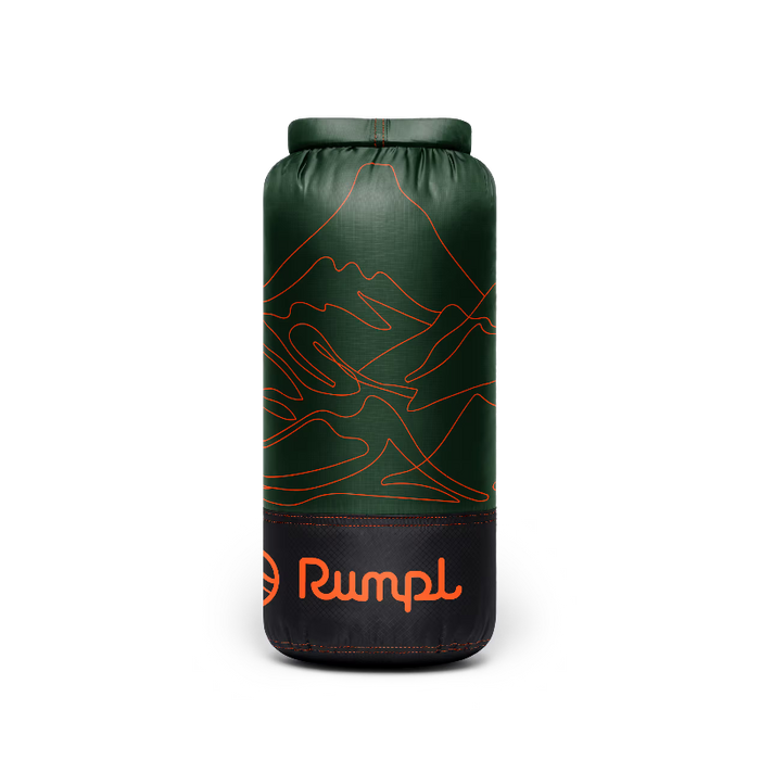 A cylindrical dry bag in dark green with an orange line-art mountain pattern and a black bottom section featuring the orange Rumpl logo, shown on a plain white background.