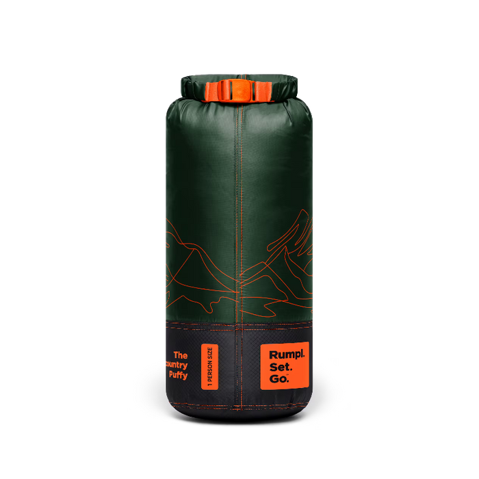 A dark green dry bag with orange accents, including a roll-top closure, orange line-art graphics, and orange text labels reading 'The Memory Puffy' and 'Rumpl. Set.