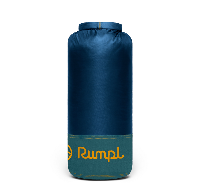 Blue dry bag with 'Rumpl' logo on a white background