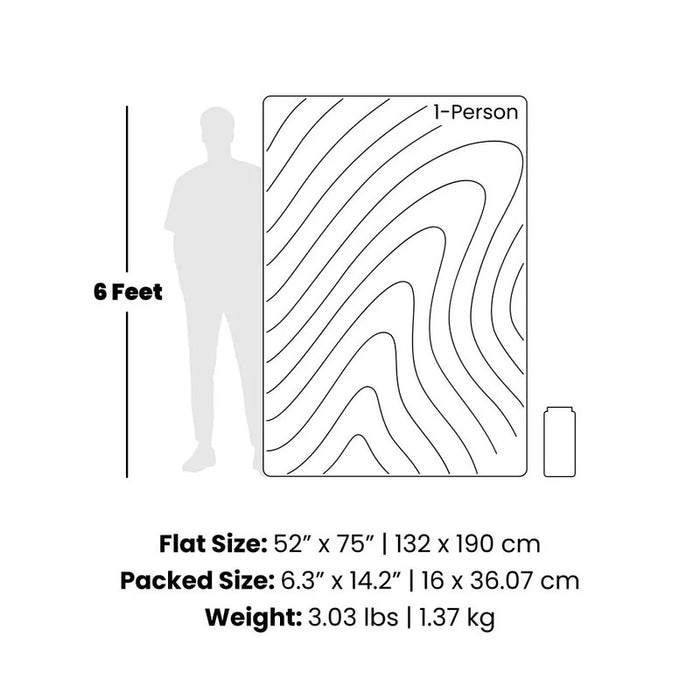 Measurement chart showing dimensions of a product with a person for scale.