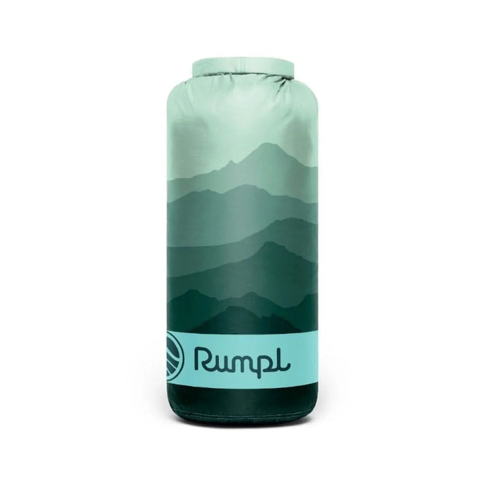 Green and blue dry bag with mountain design and Rumpl logo on a white background