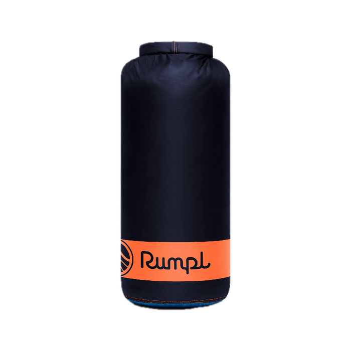 A black cylindrical dry bag with an orange band around the lower middle featuring the brand name 'Rumpl' in black script, shown against a plain white background.