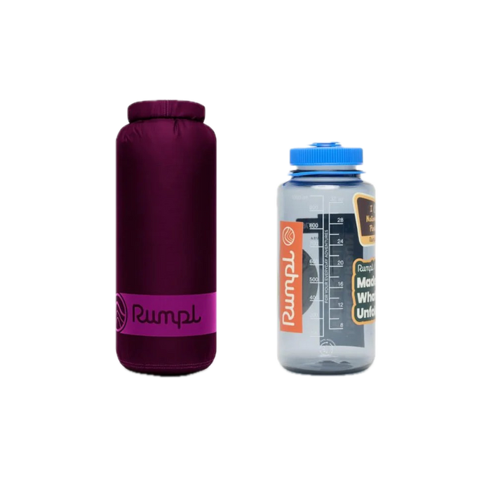 Rumpl Travel Puffy Blanket Plum Size comparison next to a 1l nalgene