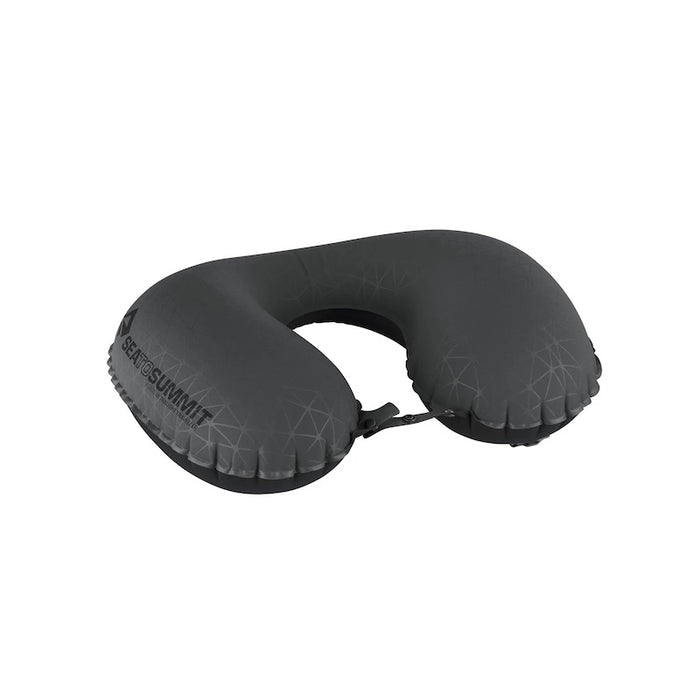 A black Sea To Summit Aeros Ultralight Travel Pillow with an inflatable structure and adjustable straps.