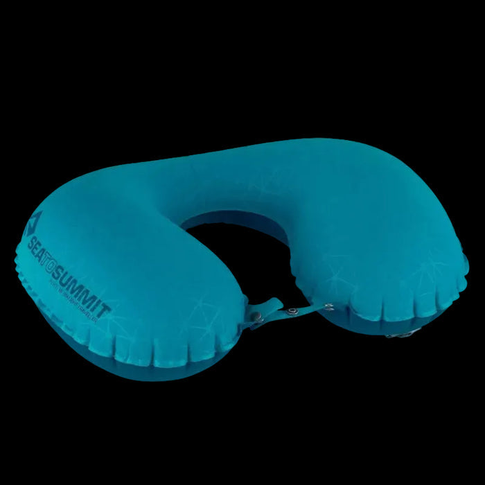 Teal inflatable neck pillow on a white background