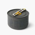 A hard-anodised aluminium alloy camping pot with a ceramic non-stick coating and a removable Click-Safe handle, alongside a yellow lid with strainer holes and a LidKeep feature.