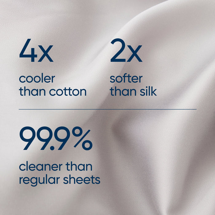 Moonstone grey bearaby bamboo pillowcase which is '4x cooler than cotton', '2x softer than silk', and '99.9% cleaner than regular sheets'.